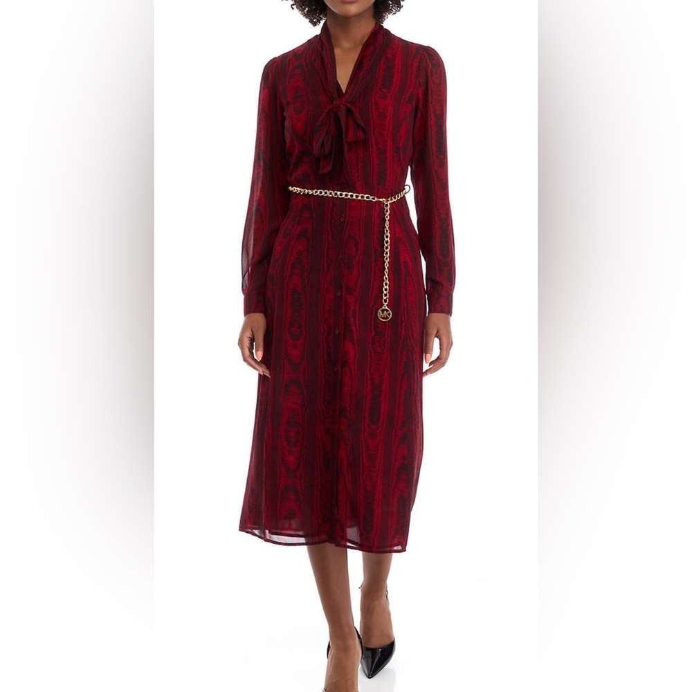 Michael Kors midi dress size large red black animal print gold chain belt $195